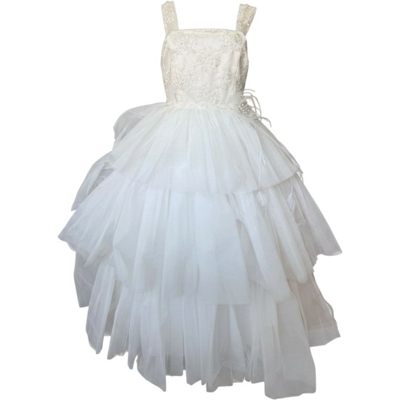 Dresses & Skirts - Vintage Tulle Beaded Tiered Ruffle A-Line Tea Length Wedding Dress Size 16 Bow